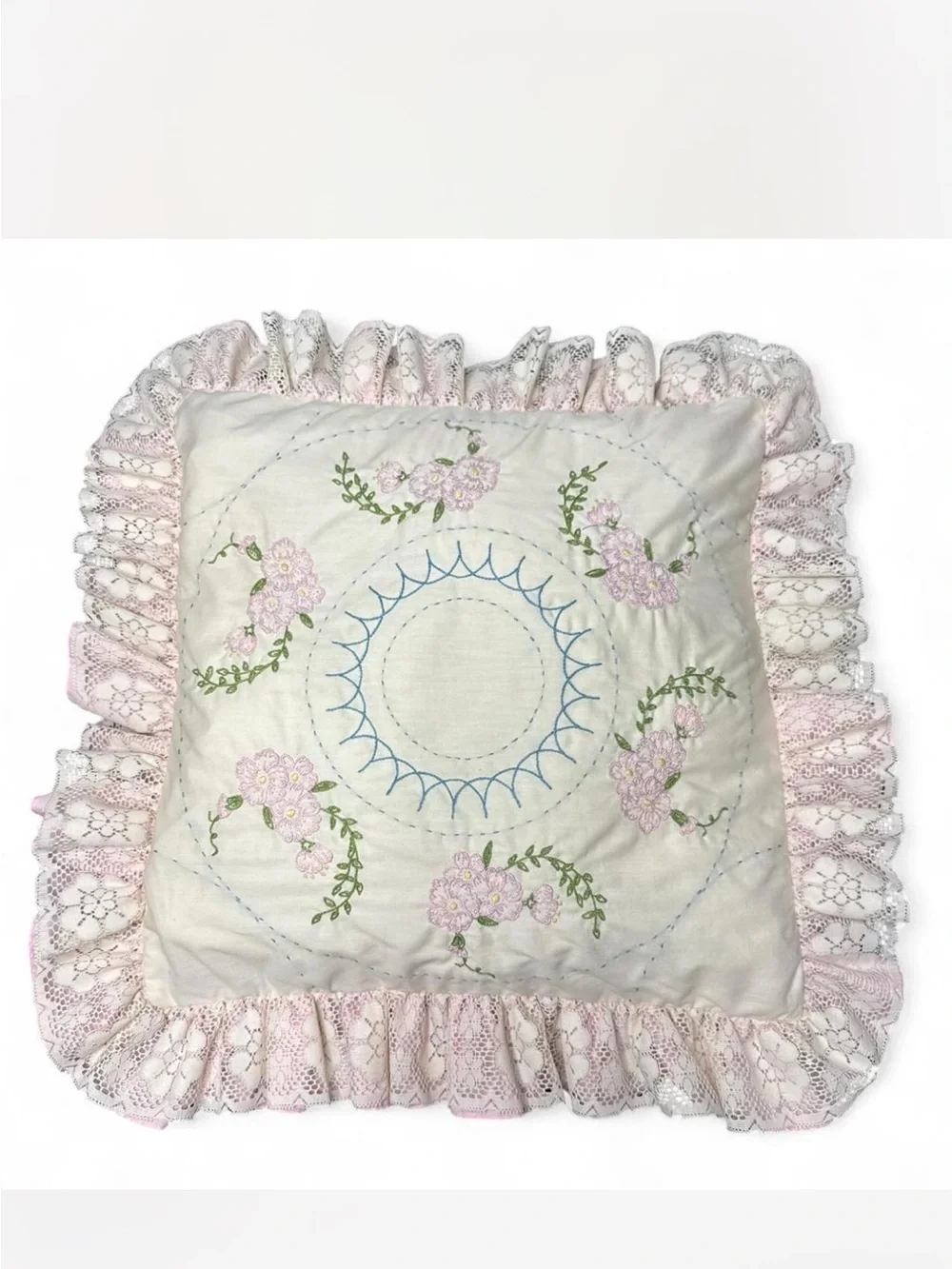 Hand-Embroidered vintage Floral Lace Throw Pillow - Pink & Cream